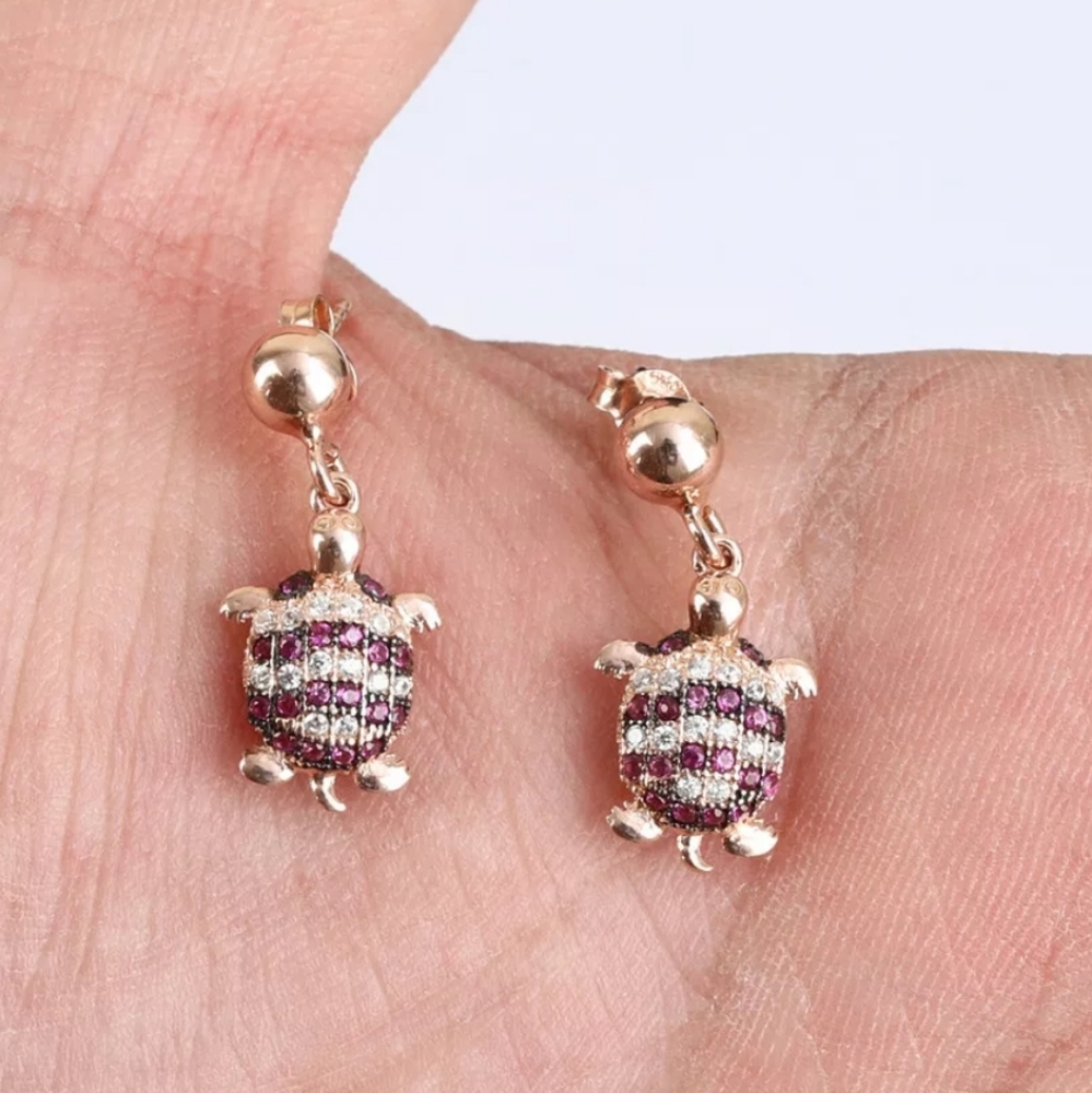 Ruby & white topaz Sterling & gold turtle earnings - Picture 5 of 13
